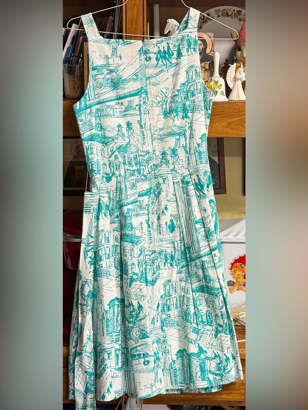 Sleeveless White Dress with Teal Scenic Print